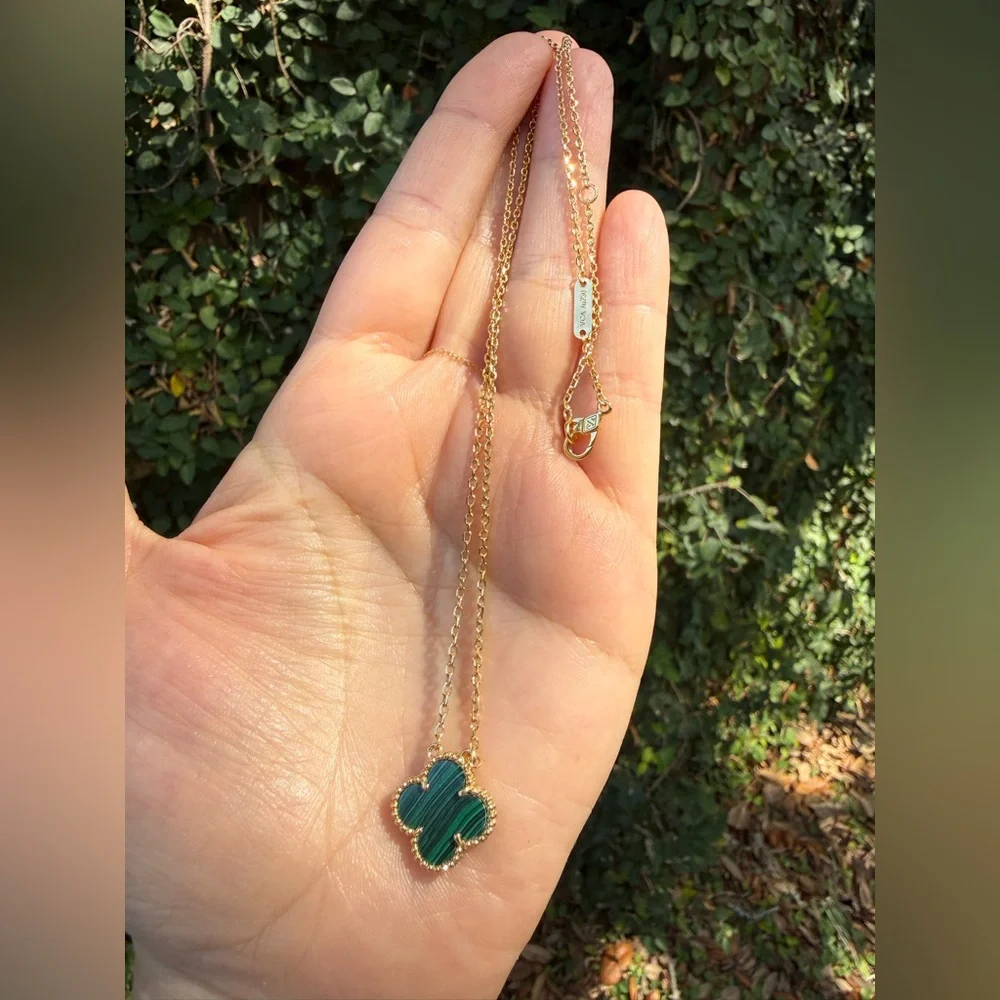 Malachite Clover Necklace - Green Four Leaf Clover Pendant - Gold Vermeil Lucky